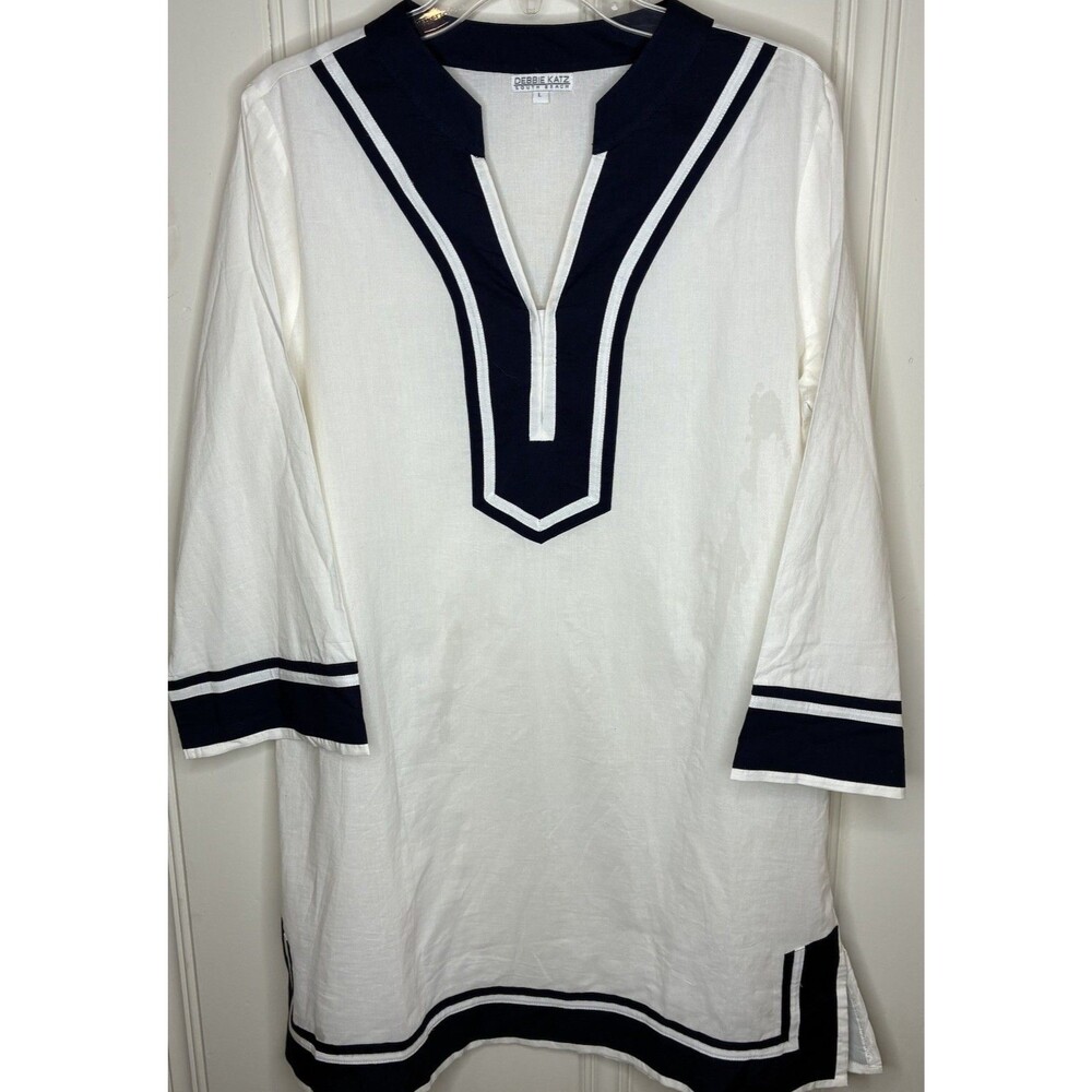Debbie katz Sz L navy & white cotton resort dress or cover-up nautical timeless
